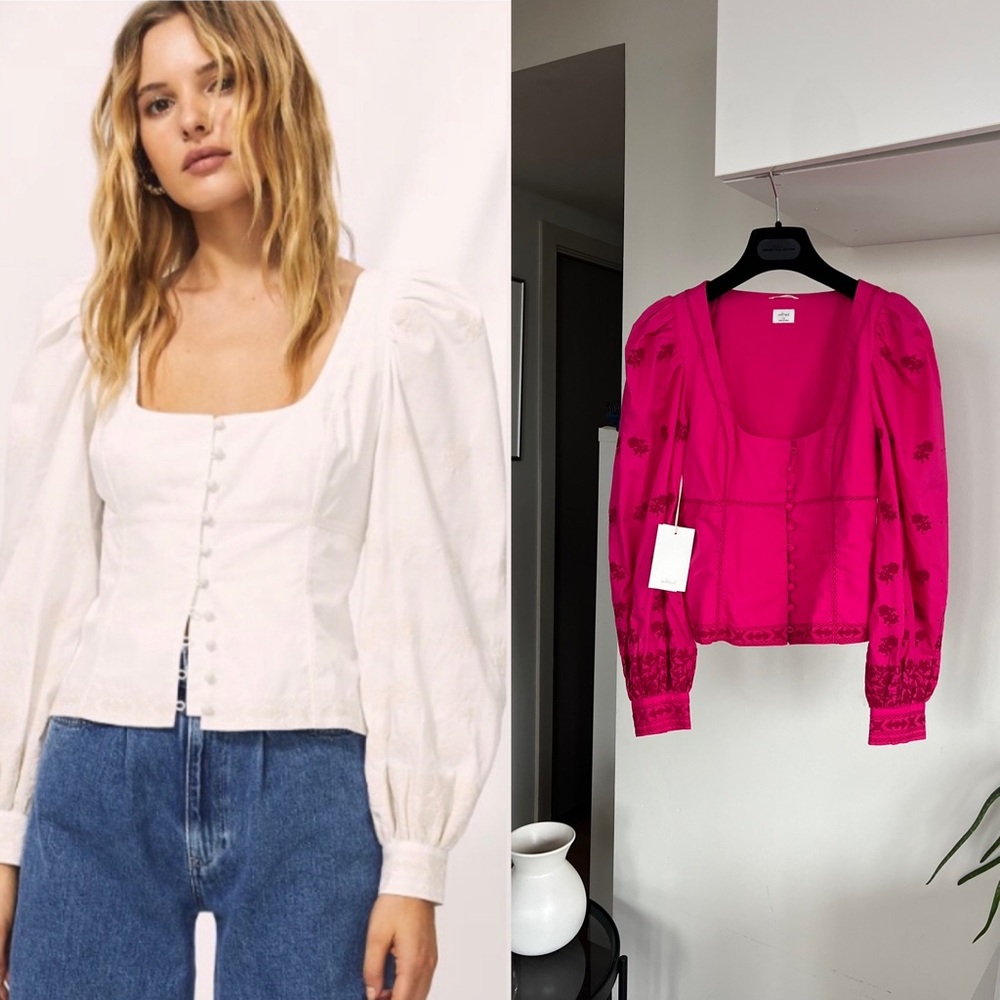 Aritzia Wilfred Pink Button-Up Puff Sleeves Boho Preppy cotton Blouse Sz XS
